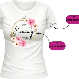 T-shirt Blanc pour Événement de Jeune Fille - Prénom et date personnalisable